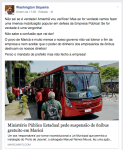 Maricá: Prefeito defenderá 'com unhas e dentes' o transporte gratuito 7 Prefeito comentou sobre a ação do Ministério Público em seu perfil pessoal no Facebook. (imagem: Reprodução / Internet)