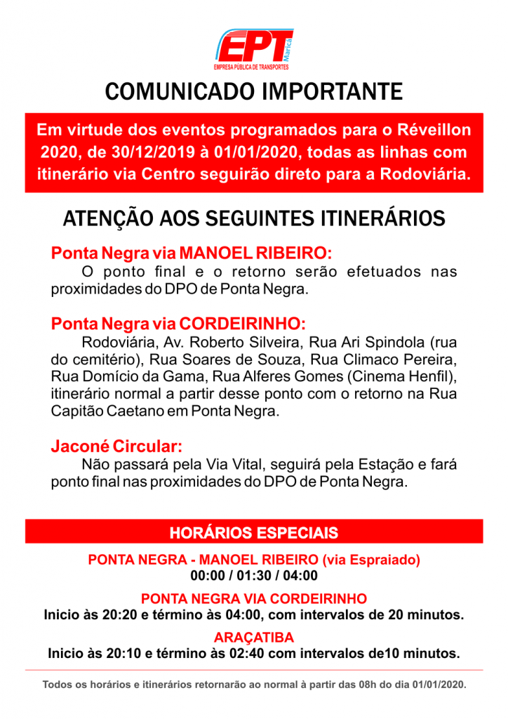 Maricá: EPT divulga horários especiais para o Réveillon 2020 10 horarios ept