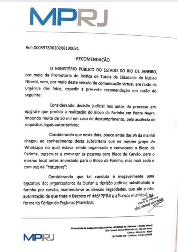 Ministério Público reforça proibição do 'Bloco da Farinha' em Maricá (RJ) 9 recomendacao1