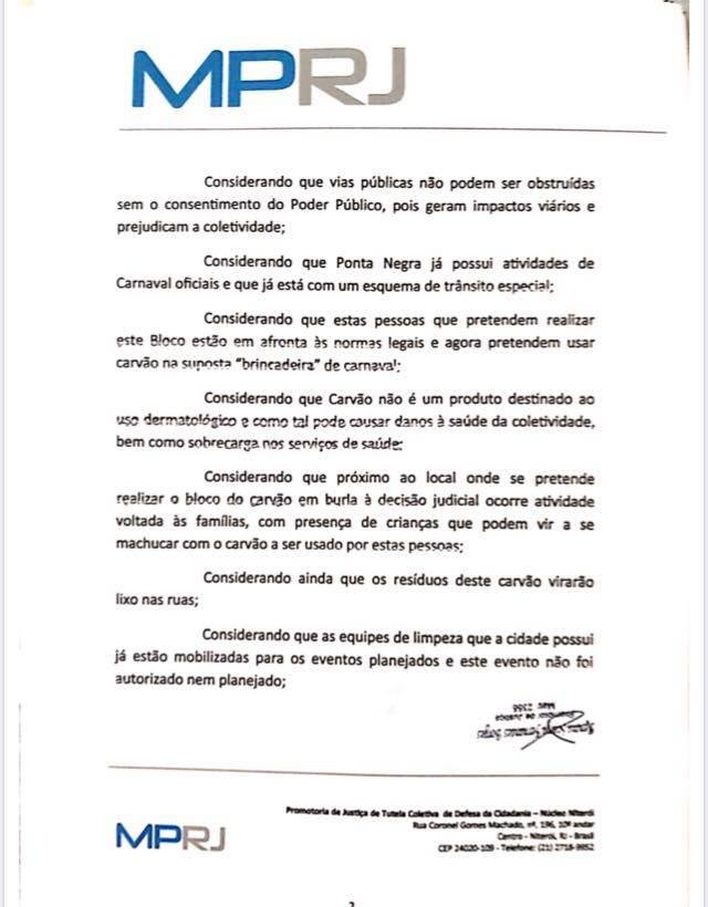 Ministério Público reforça proibição do 'Bloco da Farinha' em Maricá (RJ) 10 recomendacao2