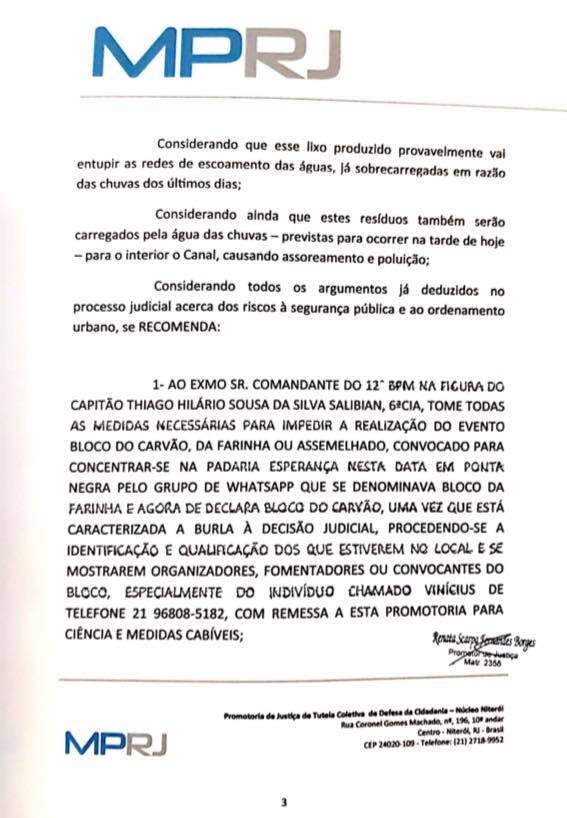 Ministério Público reforça proibição do 'Bloco da Farinha' em Maricá (RJ) 11 recomendacao3