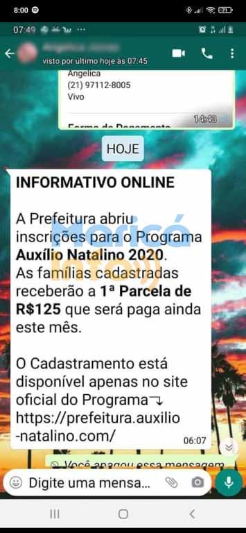 Cadastramento para auxílio natalino em Maricá é fake e pode ser golpe 11 golpe whatsapp 2