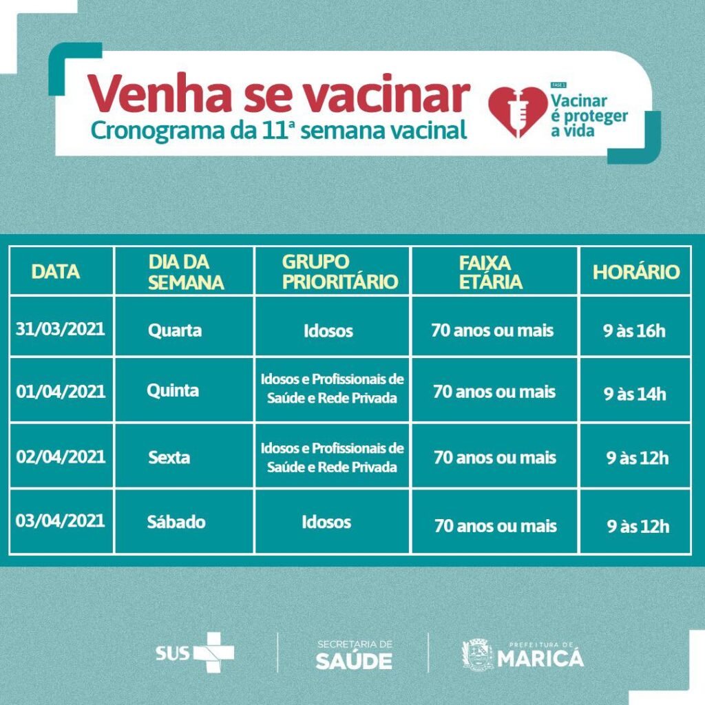 Maricá: Idosos de 70 anos ou mais serão vacinados a partir desta terça-feira (30/03) 11 calendario 11 semana vacinal marica