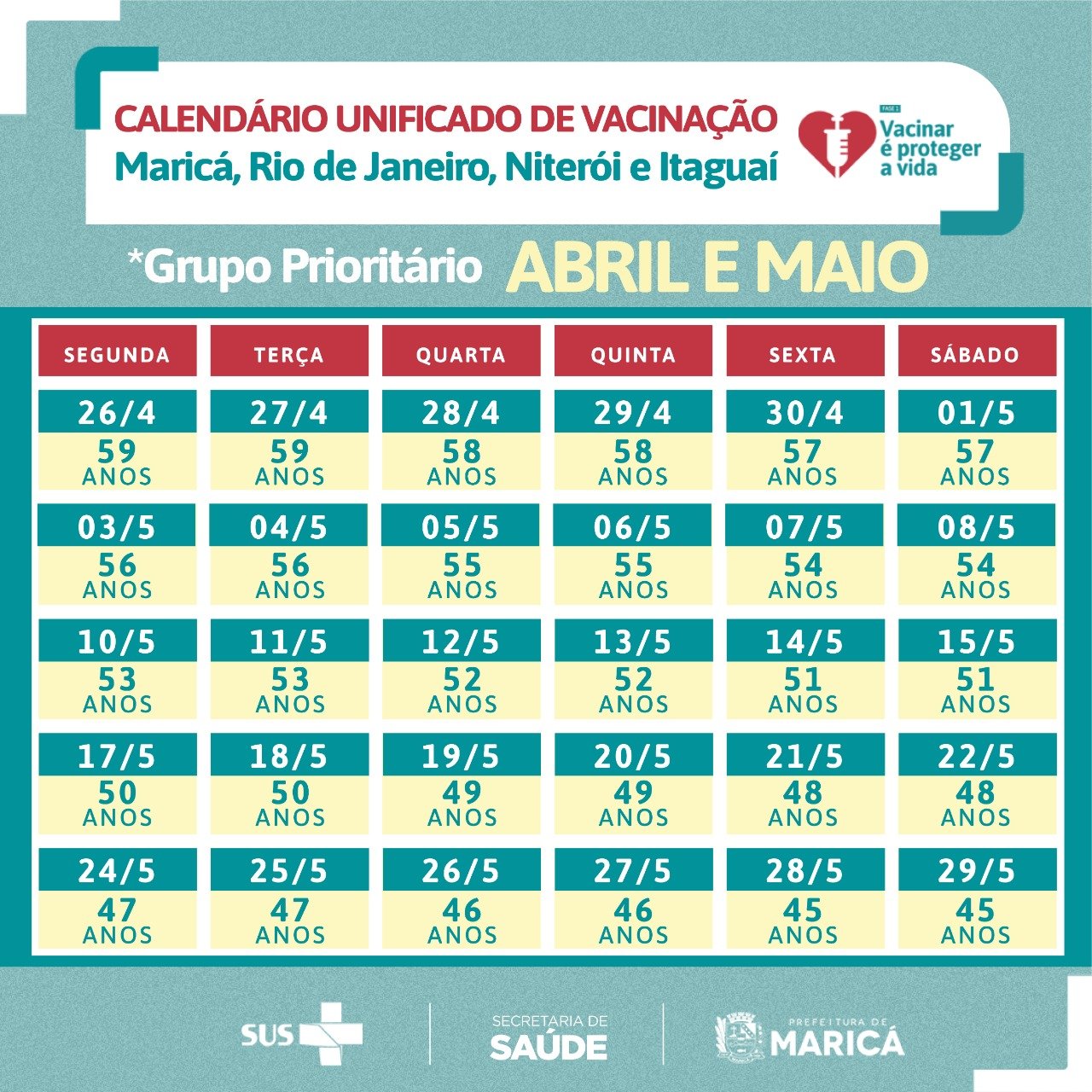 Maricá: Confira o calendário de vacinação até o dia 24 de abril 12 Calendario Grupo Prioritario