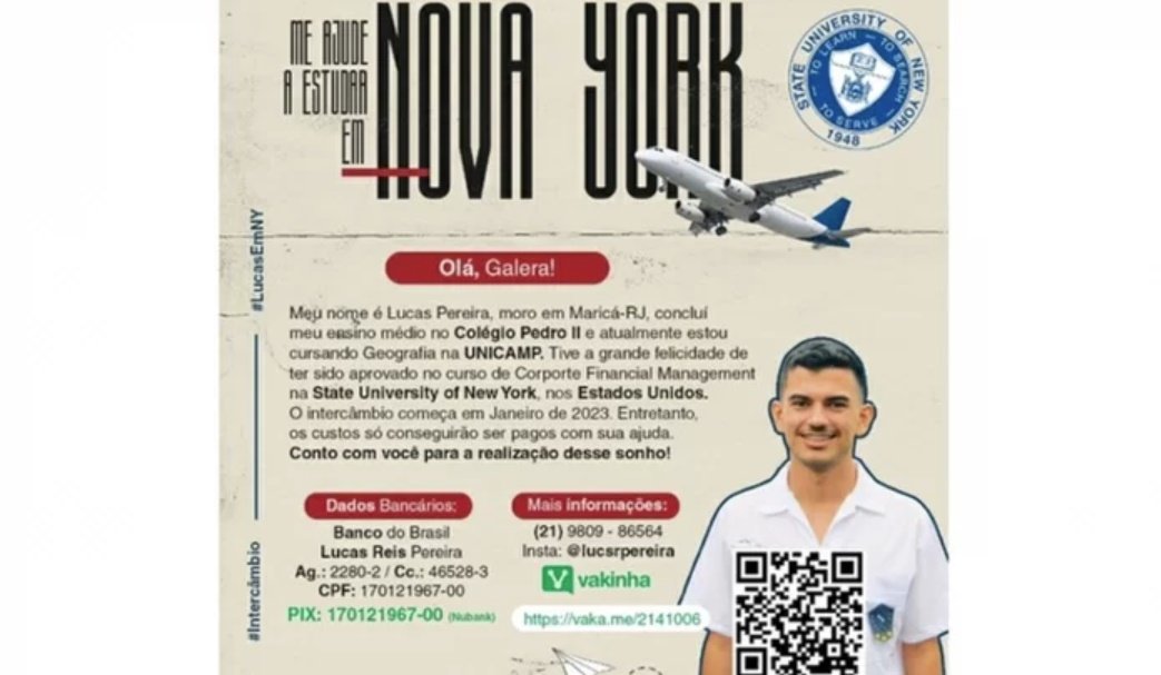 Estudante de Maricá faz vaquinha online para custear curso em Nova Iorque 7 lucas pereira vakinha