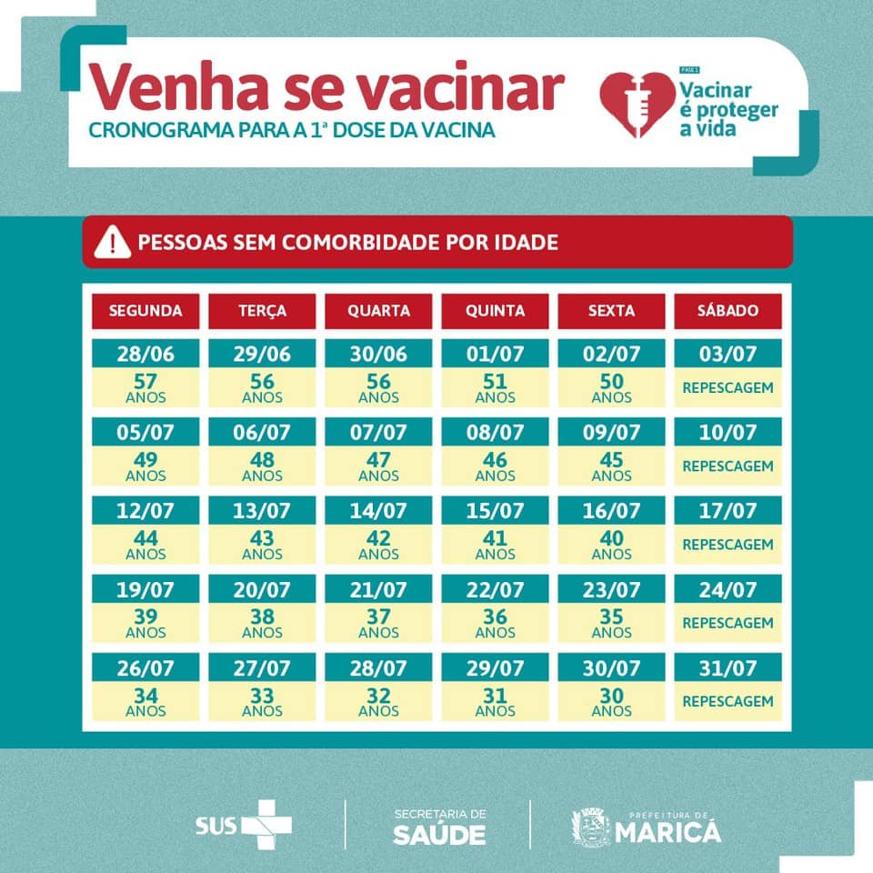 Maricá (RJ) divulga novo calendário de vacinação para população geral de 30 anos ou mais 8 calendario novo julho21