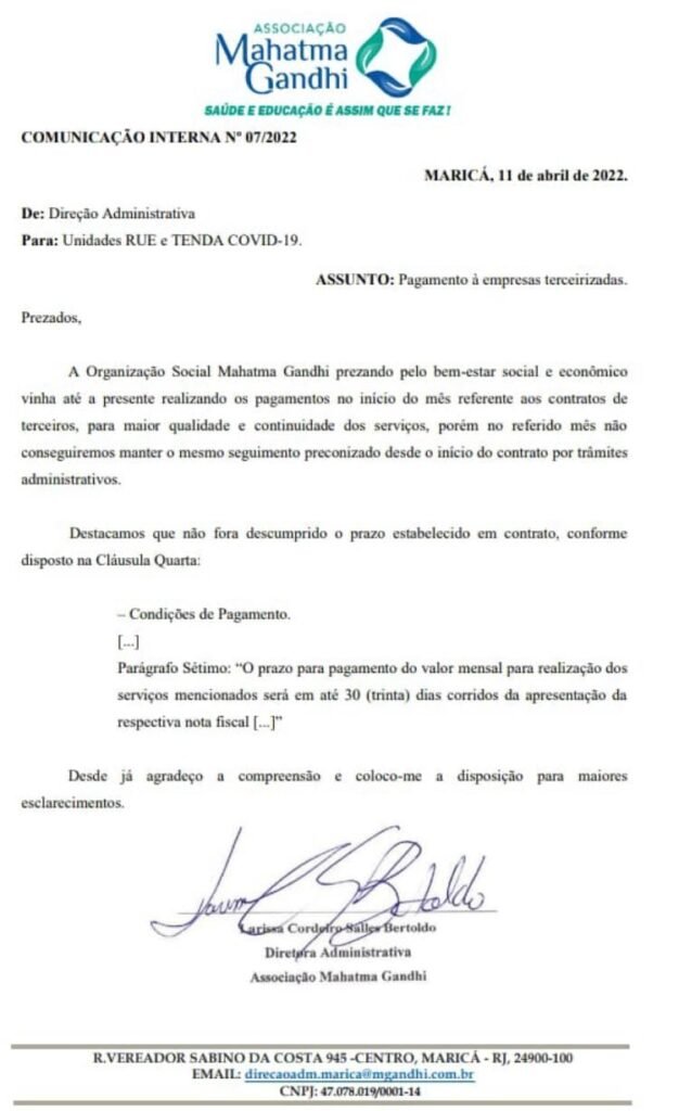 Maricá: Salários de profissionais da saúde podem atrasar, informa OS em comunicado interno 11 OS