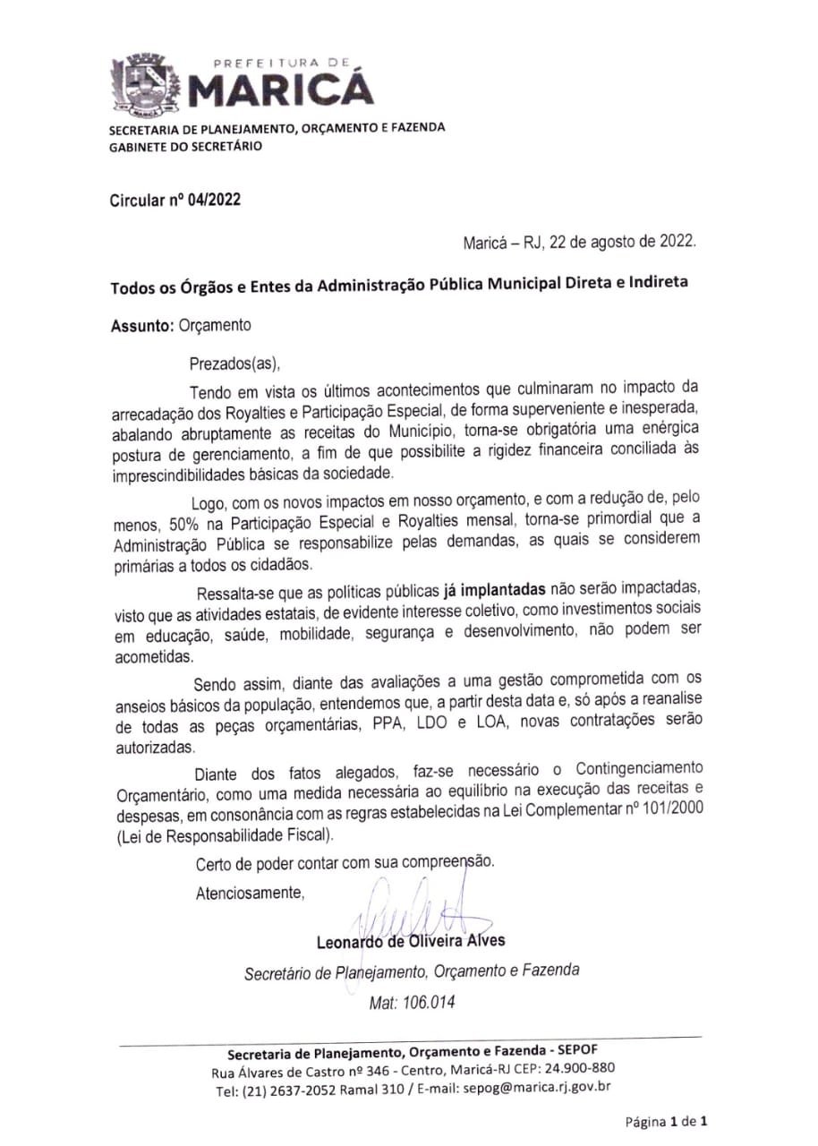 Maricá: Com queda de até 50% dos royalties, prefeitura orienta secretarias para 'fechar torneira' 8 circular sec plan
