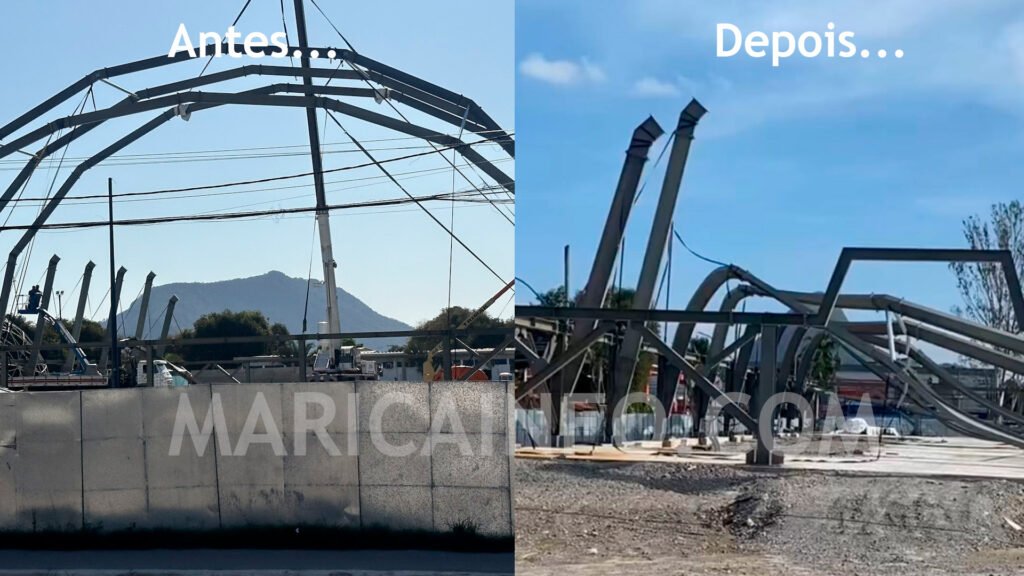 Maricá: Estrutura do novo ginásio de Inoã desaba 9 antes e depois domo inoa