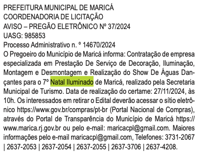 Maricá: Natal Iluminado sem previsão de início; licitação só ocorrerá dia 27/11 10 Captura de Tela 2024 11 11 as 21.28.12