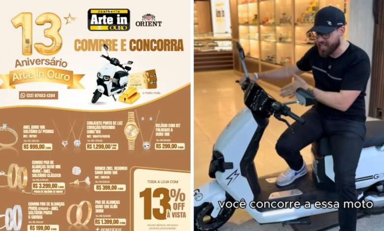 Arte in Ouro comemora 13 anos com sorteio de moto elétrica, barra de ouro, TV e muito mais; confira! 6 arte in ouro 13 anos