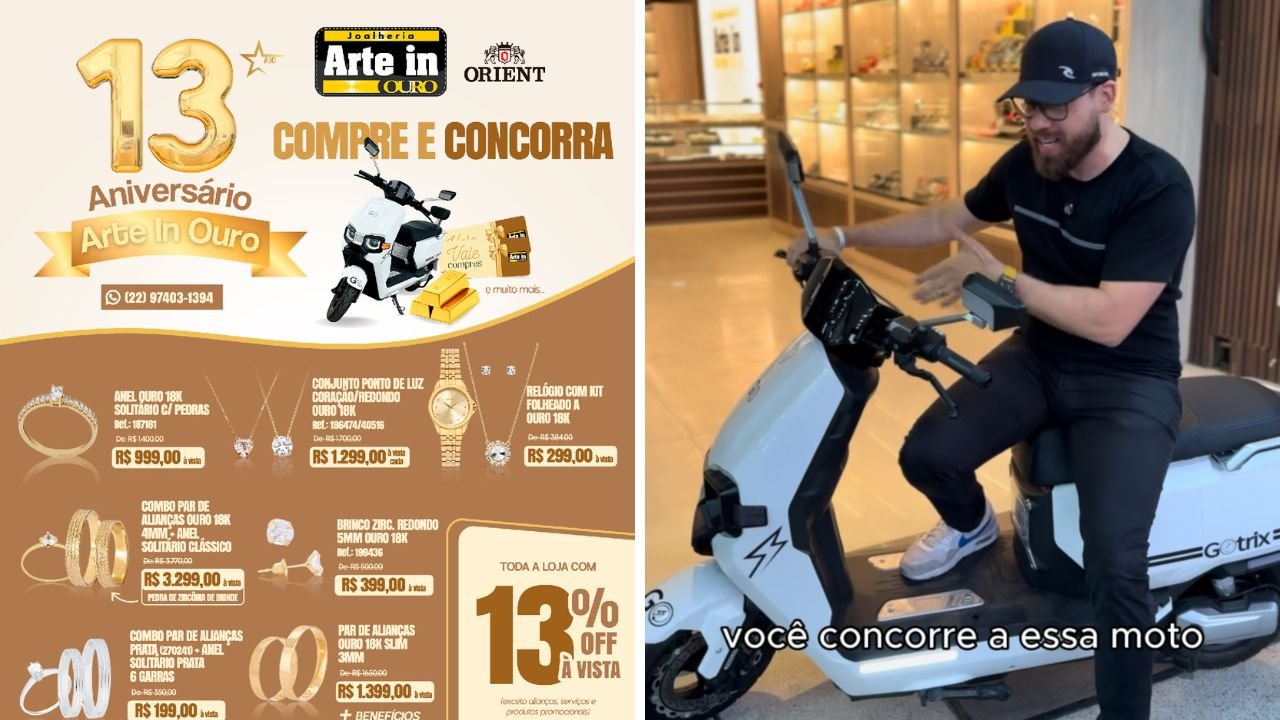 Arte in Ouro comemora 13 anos com sorteio de moto elétrica, barra de ouro, TV e muito mais; confira! 1 arte in ouro 13 anos