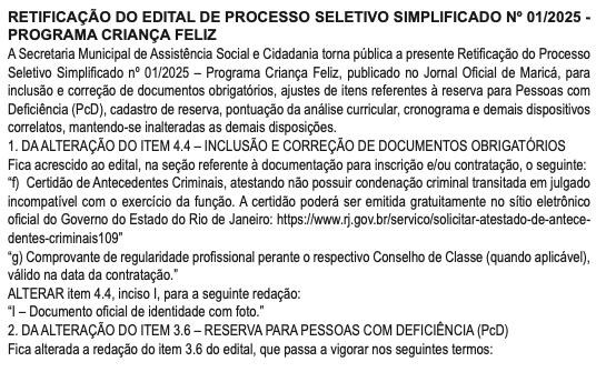 Maricá lança seleção com salários de até R$ 5 mil; inscrições começam dia 17/12 (veja o edital) 2 retificacao edital crianca feliz 01