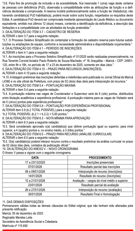Maricá lança seleção com salários de até R$ 5 mil; inscrições começam dia 17/12 (veja o edital) 3 retificacao edital crianca feliz 02