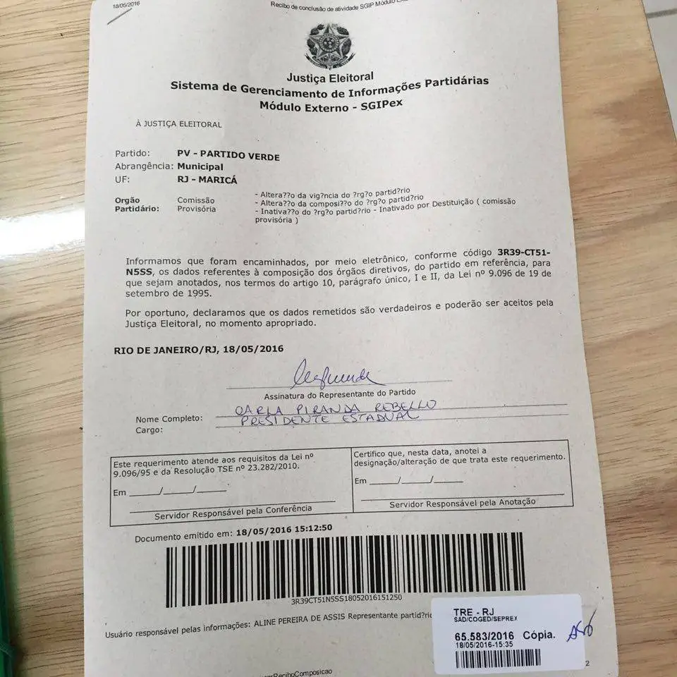 Maricá: Diretório do Partido Verde é destituído 9 Decumento protocolado no TRE-RJ destitui Marcello Vianna da presidencia.