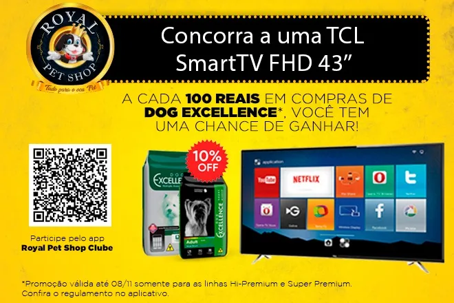 Concorra a uma TCL SmartTV 43’’ na Royal Pet Shop 8 site marica V1