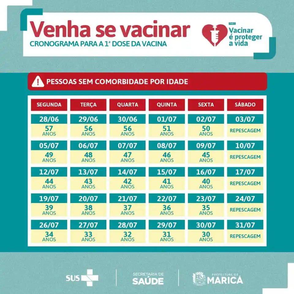 Maricá (RJ) divulga novo calendário de vacinação para população geral de 30 anos ou mais 6 calendario novo julho21