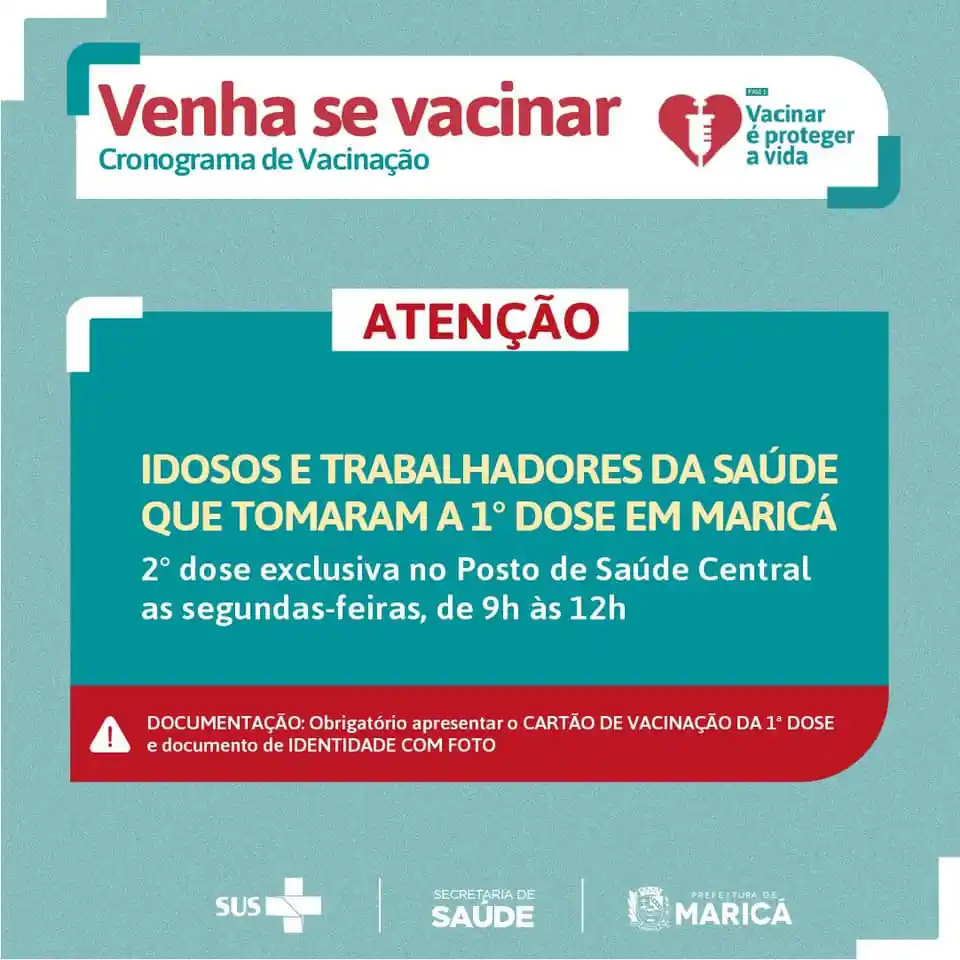 Maricá (RJ) divulga novo calendário de vacinação para população geral de 30 anos ou mais 7 infos vacina