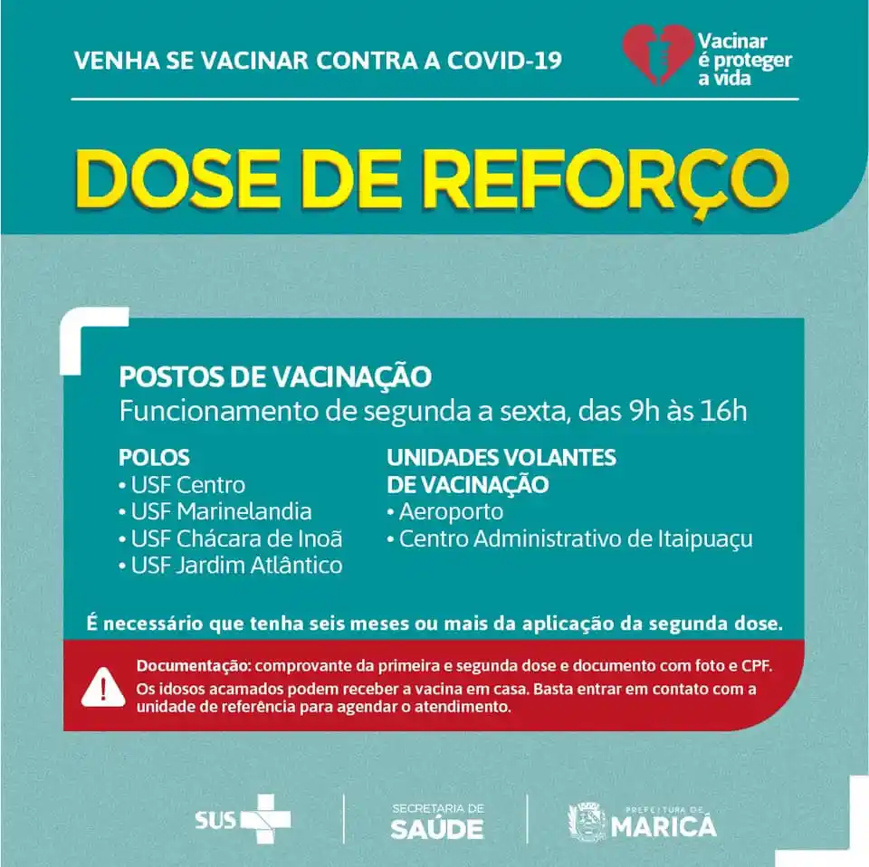 Maricá terá dose de reforço em idosos da vacina contra a Covid-19 9 postos dose reforco