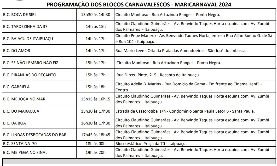 Maricá: Tradicionais blocos acontecem neste domingo de Carnaval; confira a programação! 11 programacao blocos domingo carnaval marica 2024 2