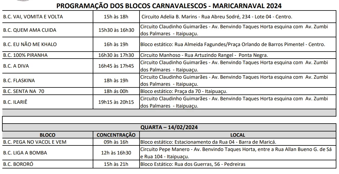 Maricá: Tradicionais blocos acontecem neste domingo de Carnaval; confira a programação! 13 programacao blocos domingo carnaval marica 2024 4