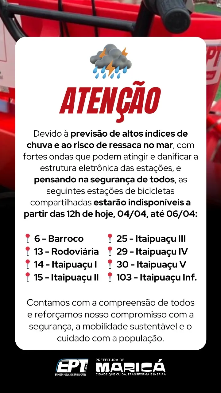 Devido à previsão de fortes chuvas e ressaca com ondas de até 3 metros em Maricá, a EPT desativou algumas estações das Vermelhinhas 7 vermelhinhas aviso